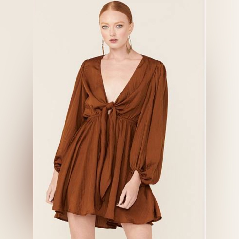 Wishlist Women's Bronze Topaz Tie-Front Long Sleeve Dress size L